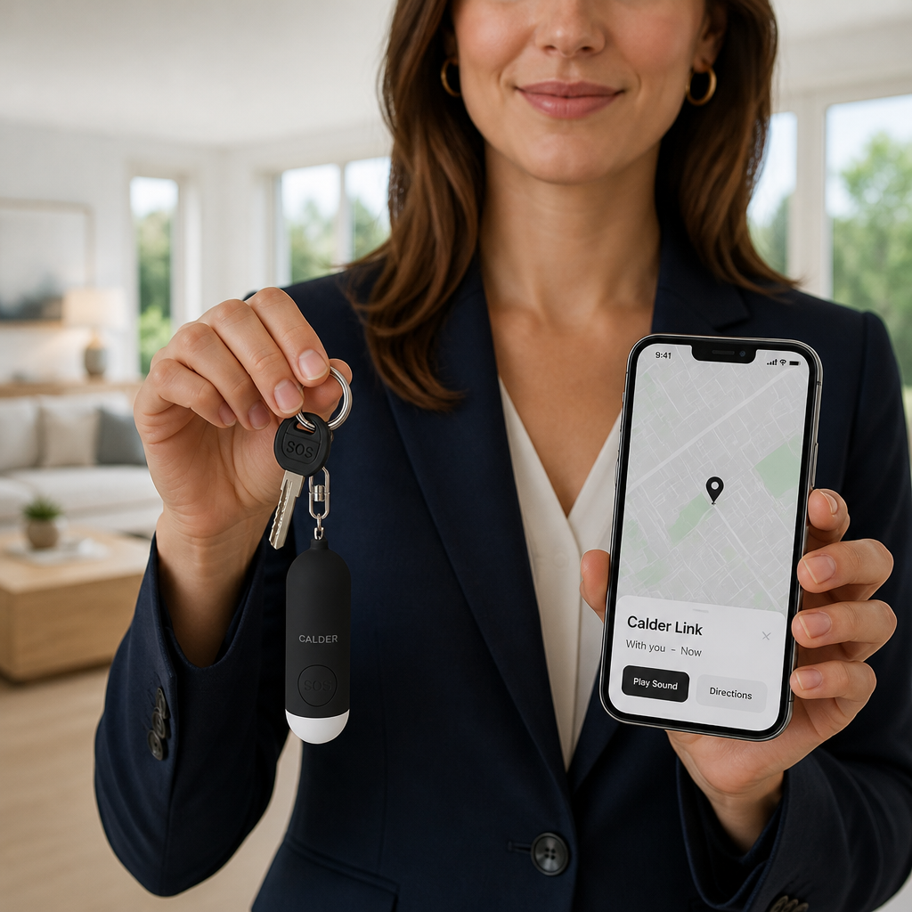 An agent with Calder Link on her keys and its location on her phone